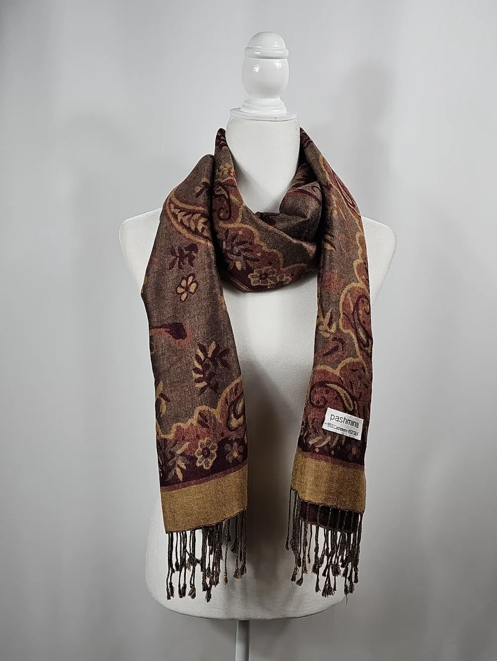 Cashmere Silk Pashmina Scarf Brown Paisley Floral Fringe Wrap Shawl Festival